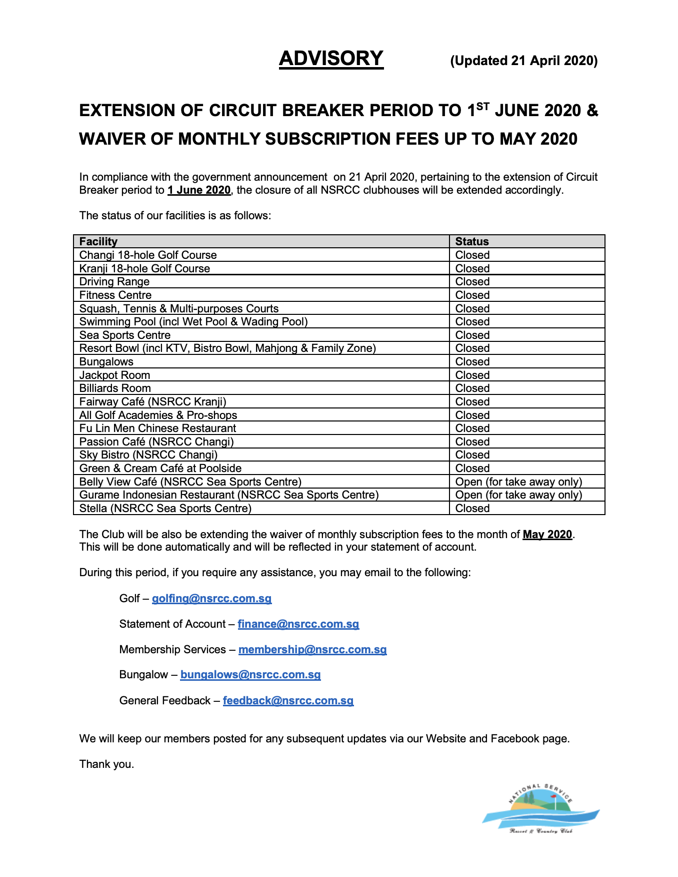 [ADVISORY] EXTENSION OF CIRCUIT BREAKER PERIOD TO 1ST JUNE 2020